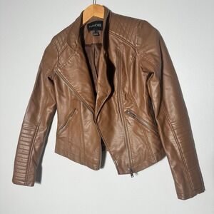 Mandee Woms Brown Faux Leather Moto Atyle jacket Sz Small
